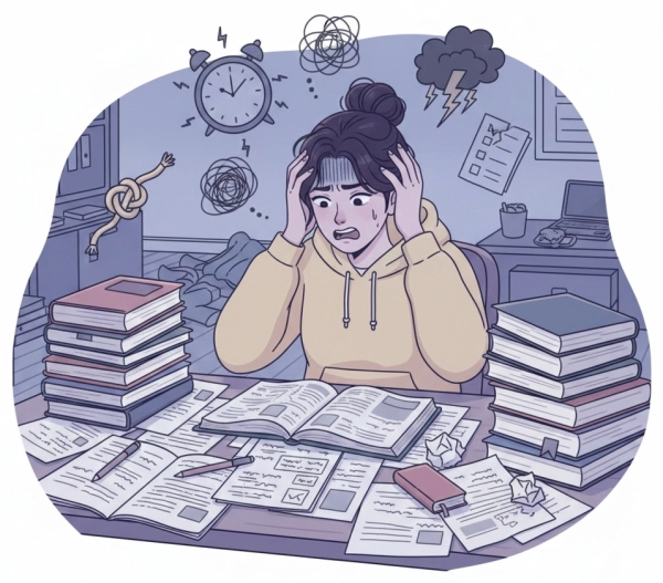 Student overwhelmed by stress, poor study habits, and time management issues rather than lack of intelligence