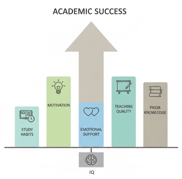 Illustration showing academic success influenced by effort, study habits, motivation, and support rather than IQ alone