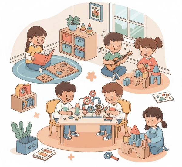 Illustration of activities that support cognitive development in children, such as learning, games, and creative play