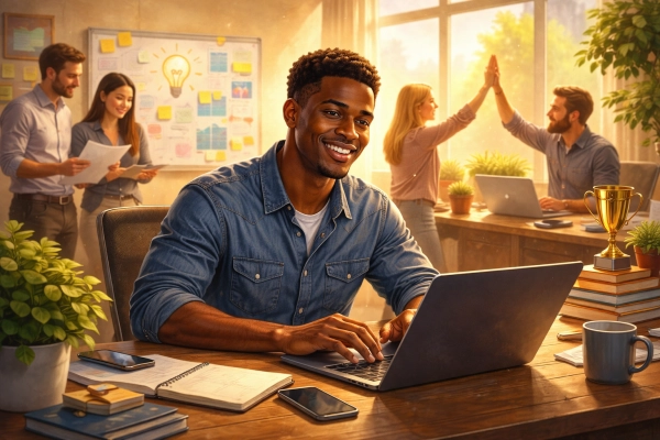 Adult confidently working in a supportive environment, illustrating real-life strengths beyond IQ test scores