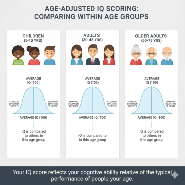 Illustration showing IQ scores adjusted by age, comparing children, adults, and seniors fairly