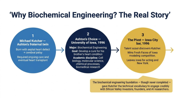 Diagram showing the connection between Ashton Kutcher twin brother heart condition and his choice to study biochemical engineering