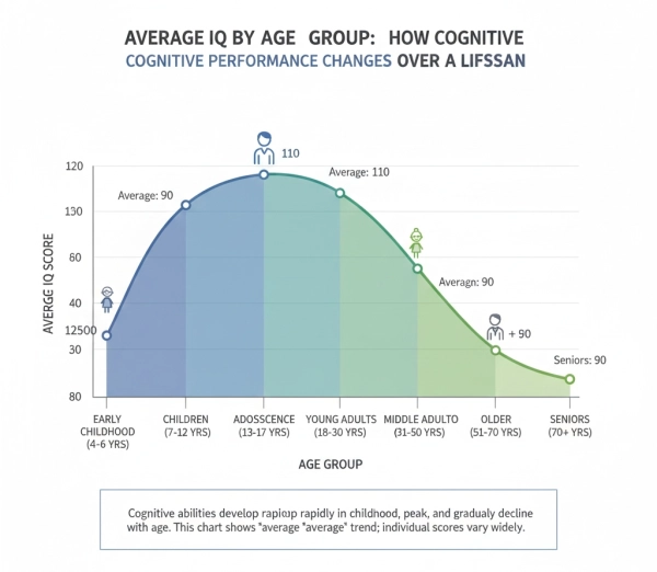 Chart showing average IQ scores across different age groups from childhood to older adulthood