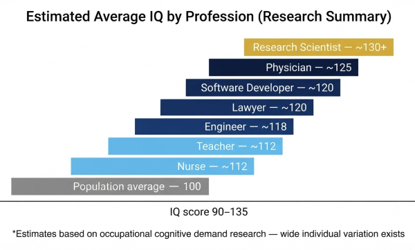 Average IQ by profession research — physicians, lawyers, engineers, software developers, teachers, nurses