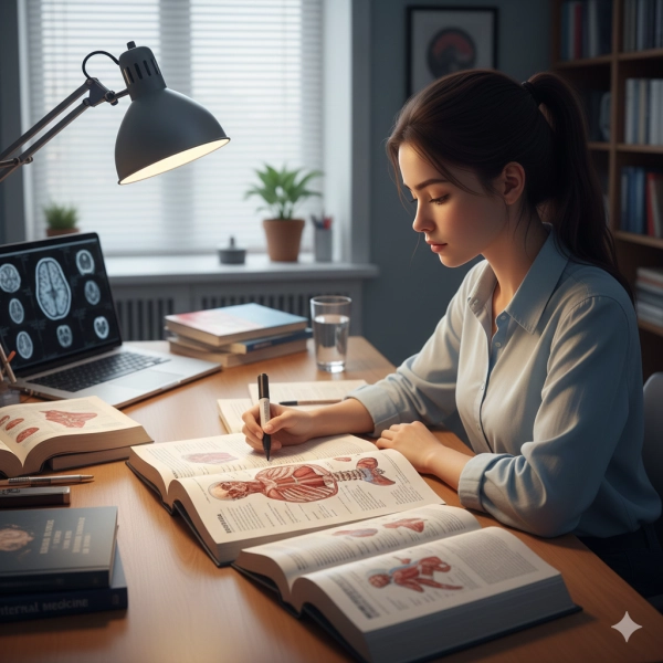 Medical student with average IQ studying anatomy and medical textbooks, representing that average intelligence is sufficient for medical education