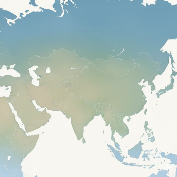 Abstract map of Asia illustrating average IQ patterns clustered around the standardized mean
