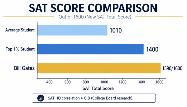 Infographic comparing Bill Gates SAT score of 1590 vs average students