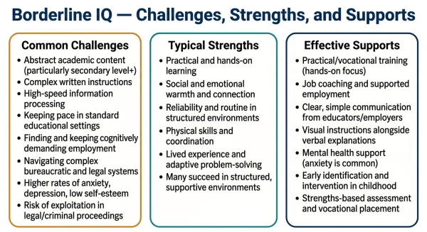 Three-panel overview of challenges strengths and supports for people in the borderline IQ range