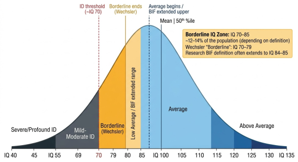 IQ distribution showing the borderline intellectual functioning range from 70 to 85 and its position between intellectual disability and average range