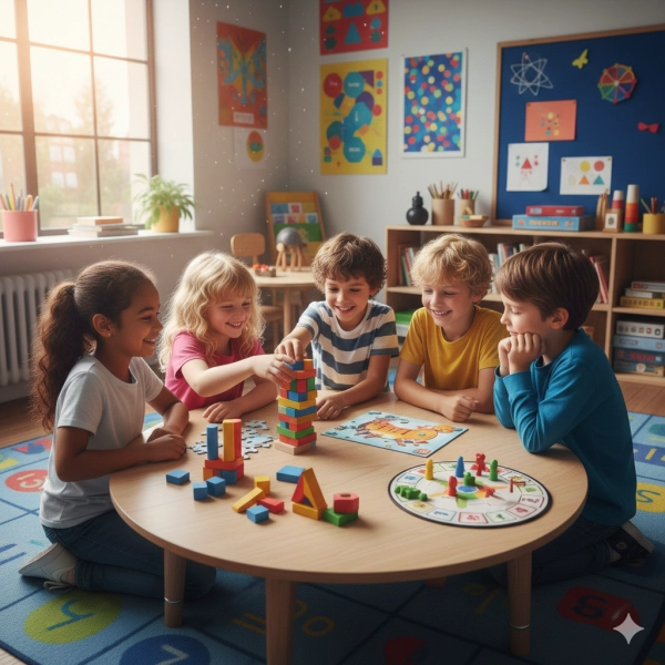 Kids playing brain games that build memory, focus, and problem-solving skills