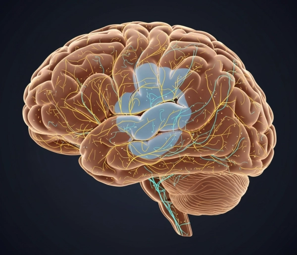 Neuroscience illustration showing brain regions involved in linguistic intelligence such as Broca’s and Wernicke’s areas