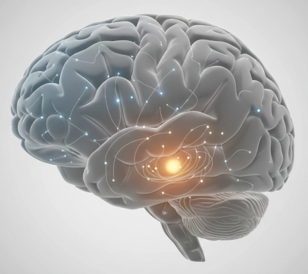 Brain illustration highlighting the prefrontal cortex and anterior cingulate cortex involved in cognitive flexibility