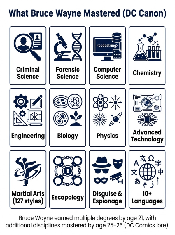 Overview of academic disciplines and skills mastered by Bruce Wayne in DC Comics canon