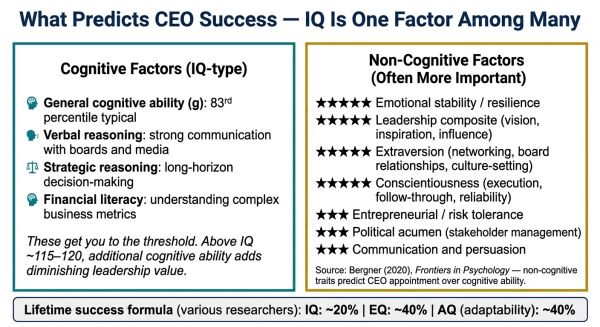 Overview of the non-cognitive factors that research shows predict CEO appointment and performance better than IQ