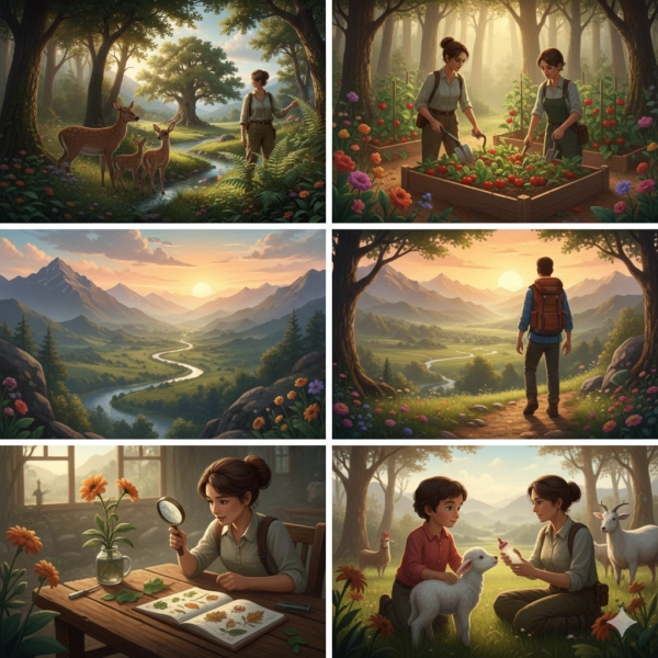 Visual representation of characteristics of people with high naturalistic intelligence such as observation, empathy for nature, and outdoor curiosity