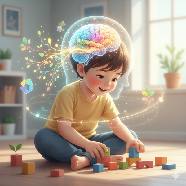 Illustration showing brain plasticity and learning development in children