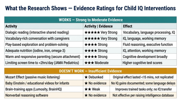 Evidence table showing which parenting activities have strong research support for raising child IQ and which do not