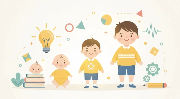 Conceptual illustration showing how children’s cognitive abilities and IQ test results can change as they grow and develop