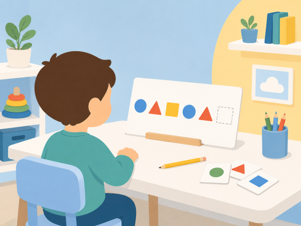 Child taking an IQ test with picture-based visual reasoning questions adapted for young learners