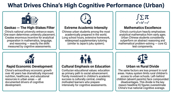 Overview of key factors driving China's high urban cognitive performance including gaokao system education investment and cultural emphasis