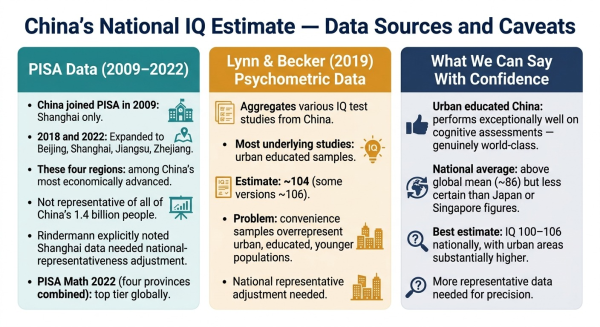 Overview of the main data sources for China's national IQ estimate including PISA Shanghai data and the adjustments required for national representativeness