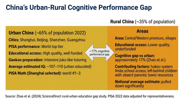 Diagram showing the cognitive performance gap between urban and rural China explaining why PISA data overestimates the national IQ average