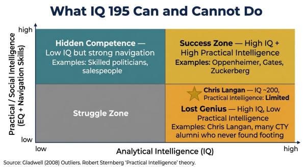 Diagram showing the gap between Chris Langan analytical IQ 195 and practical social intelligence and why both are needed for success