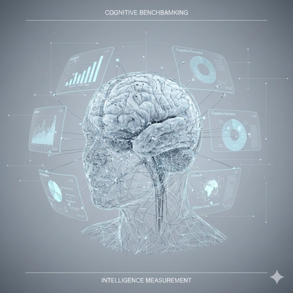 Conceptual illustration of cognitive benchmarking comparing individual intelligence to global standards