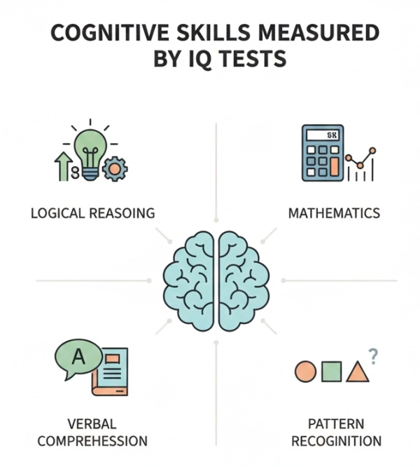 Visual representation of cognitive abilities measured by IQ tests, including logic, math, language, and pattern recognition
