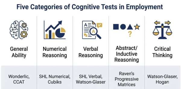 Five categories of cognitive tests in employment — general ability, numerical, verbal, abstract, critical thinking