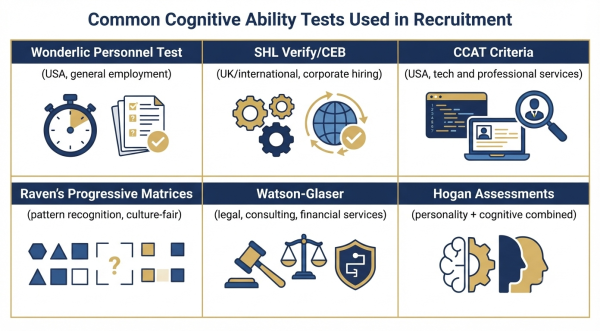 Common cognitive ability tests used in recruitment — Wonderlic, SHL, CCAT, Raven's, Watson-Glaser