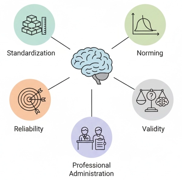 Key criteria that make an IQ test accurate including standardization, norming, reliability, and validity