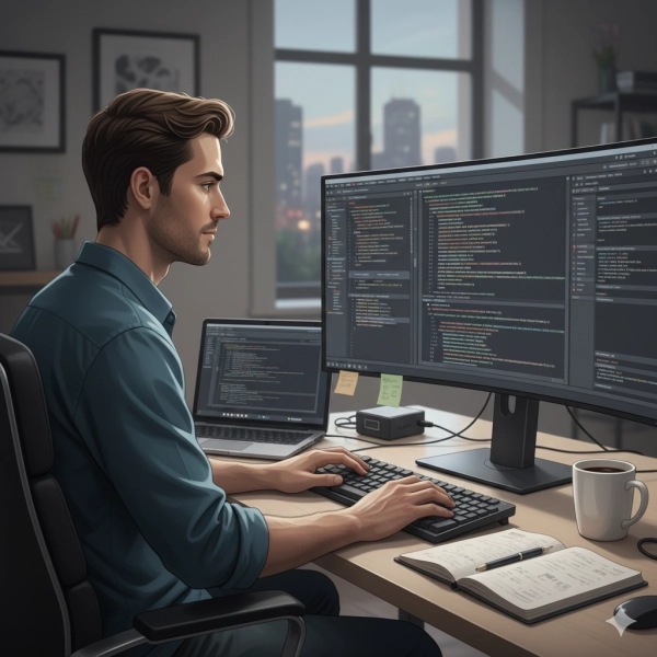 Software developer working on maintaining and debugging existing code, illustrating that real-world programming relies on practice and consistency rather than very high IQ