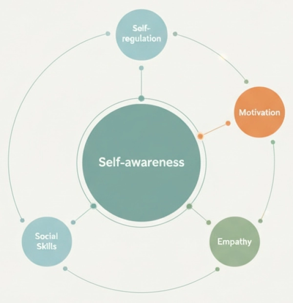 Diagram illustrating Daniel Goleman’s five components of emotional intelligence: self-awareness, self-regulation, motivation, empathy, and social skills