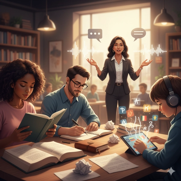 People developing linguistic intelligence through reading, writing, speaking, and learning languages