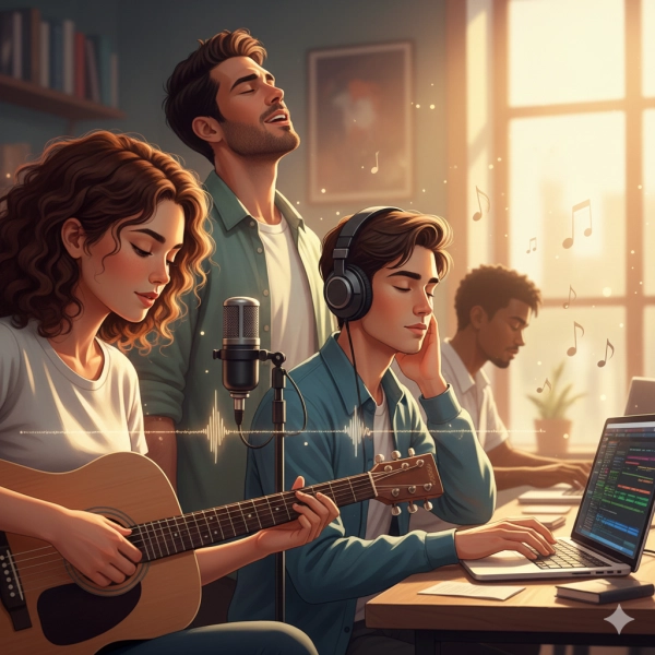 People developing musical intelligence through listening, playing instruments, singing, and creating music