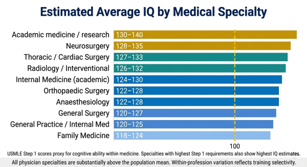 Horizontal bar chart showing estimated average IQ by medical specialty from academic research medicine at the top through family medicine