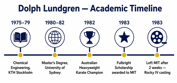Timeline of Dolph Lundgren academic achievements from KTH Stockholm to MIT Fulbright Scholarship