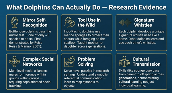 Overview of documented dolphin cognitive abilities from research including self-recognition tool use communication and social intelligence