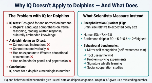 Diagram explaining why IQ tests cannot apply to dolphins and what the Encephalization Quotient measures instead