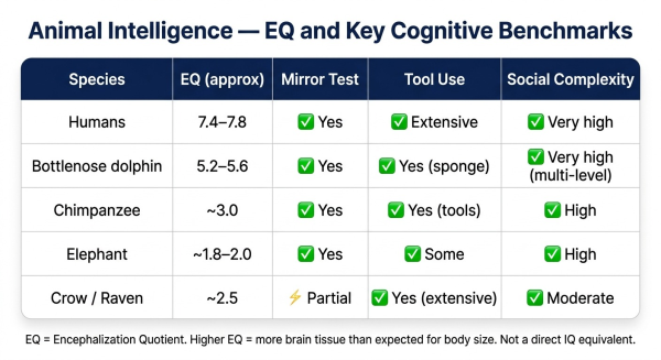 Comparison of Encephalization Quotient and key cognitive abilities across the most intelligent non-human animals including dolphins chimpanzees and elephants