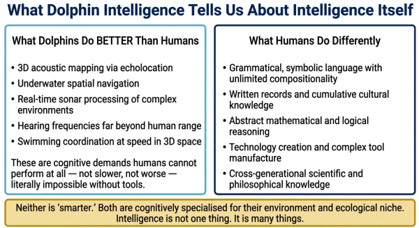 Diagram showing what studying dolphin intelligence reveals about intelligence as a concept and what makes human cognition distinctive