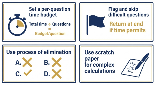 During-test tactics for cognitive ability tests — time budget, process of elimination, flagging difficult questions