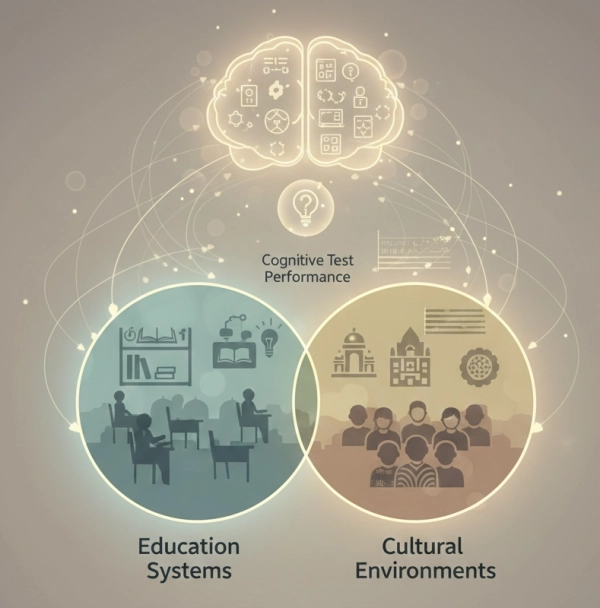 Illustration showing how education and cultural environment influence performance on cognitive tests