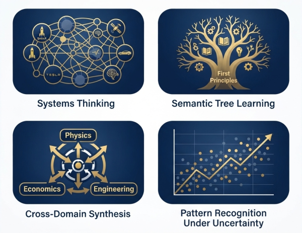 Elon Musk's cognitive style — systems thinking, cross-domain synthesis, semantic tree learning, pattern recognition