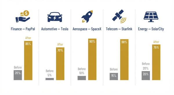 Elon Musk five industries disrupted — payments, automotive, aerospace, telecommunications, energy