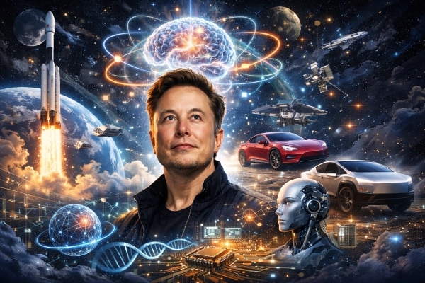 Elon Musk illustrated with symbols of space, electric vehicles, and technology, representing intelligence beyond IQ scores