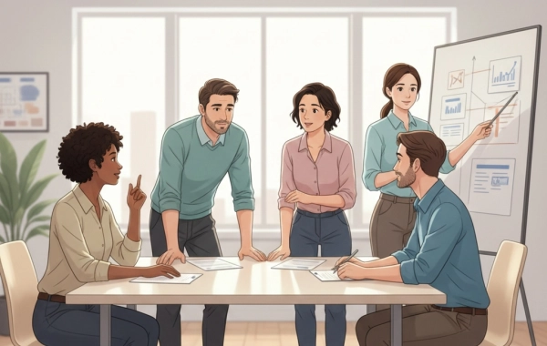 Workplace scene showing emotional intelligence in action through communication, teamwork, and leadership