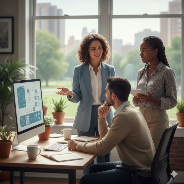 Employees working together and resolving challenges calmly, illustrating emotional intelligence in teamwork and workplace relationships