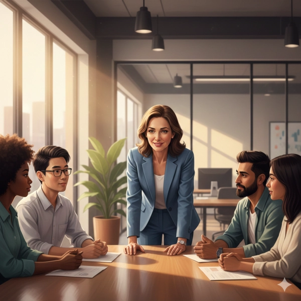 Emotionally intelligent leader demonstrating empathy, calm communication, and influence while guiding a team in a modern workplace